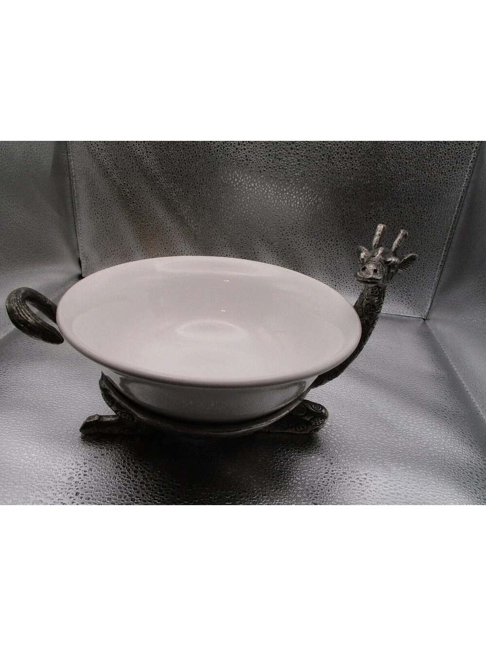 Pier 1 Imports Retired Giraffe White Ceramic Serving Bowl Pewter Metal Base 8.5